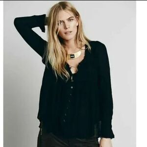 FREE PEOPLE  Blue Bird Smocked Top Babydoll Whimsigoth Fairy Grunge Goth Size XS